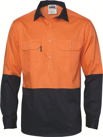 DNC Hi Vis Two Tone Close Front Cotton Drill Shirt Long Sleeve Gusset Sleeve (3834)