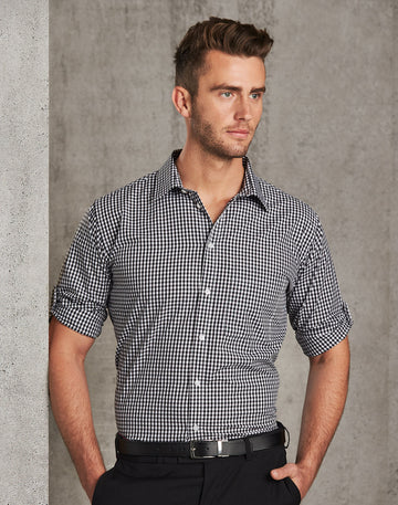Winning Spirit Men’s Gingham Check Long Sleeve Shirt with Roll-up Tab Sleeve (M7300L)