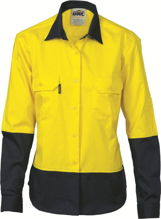 DNC Ladies Hi Vis Two Tone Cotton L/S Drill Shirt (3932)